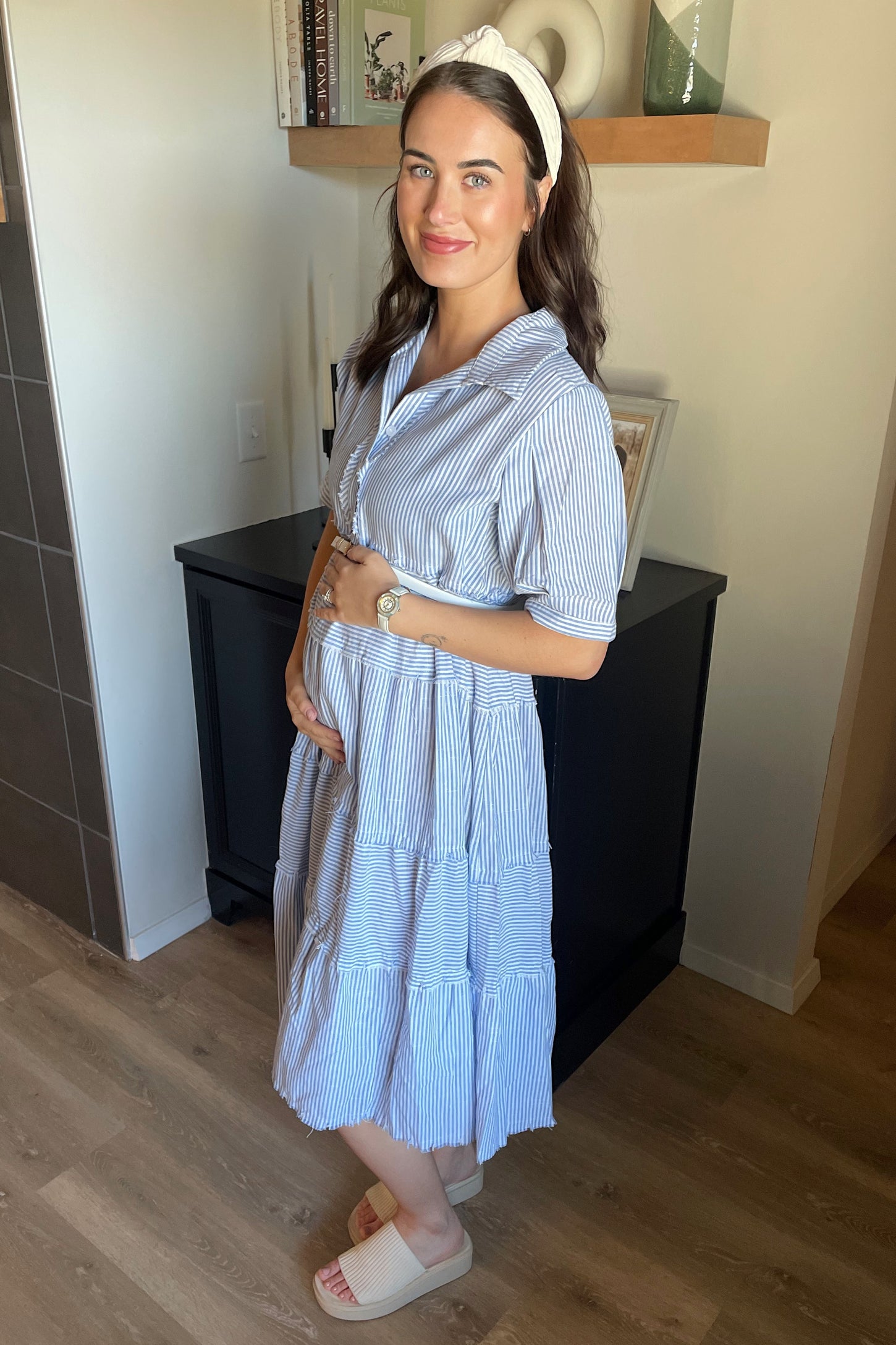 Blue Striped Tiered Raw Hem Maternity Midi Dress