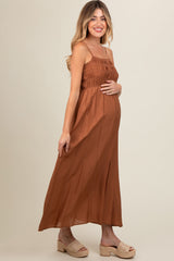 Rust Smocked Cutout Lace Up Back Maternity Maxi Dress