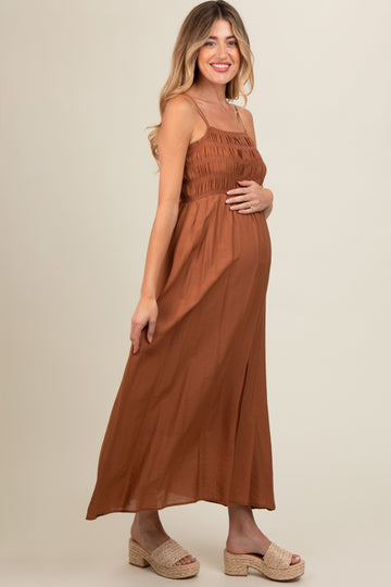 Rust Smocked Cutout Lace Up Back Maternity Maxi Dress