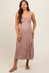 Mocha Floral V-Neck Side Slit Maternity Midi Dress