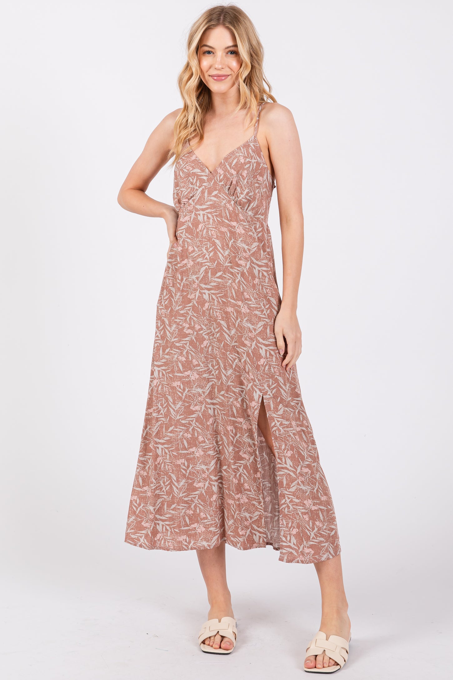 Mocha Floral V-Neck Side Slit Maternity Midi Dress