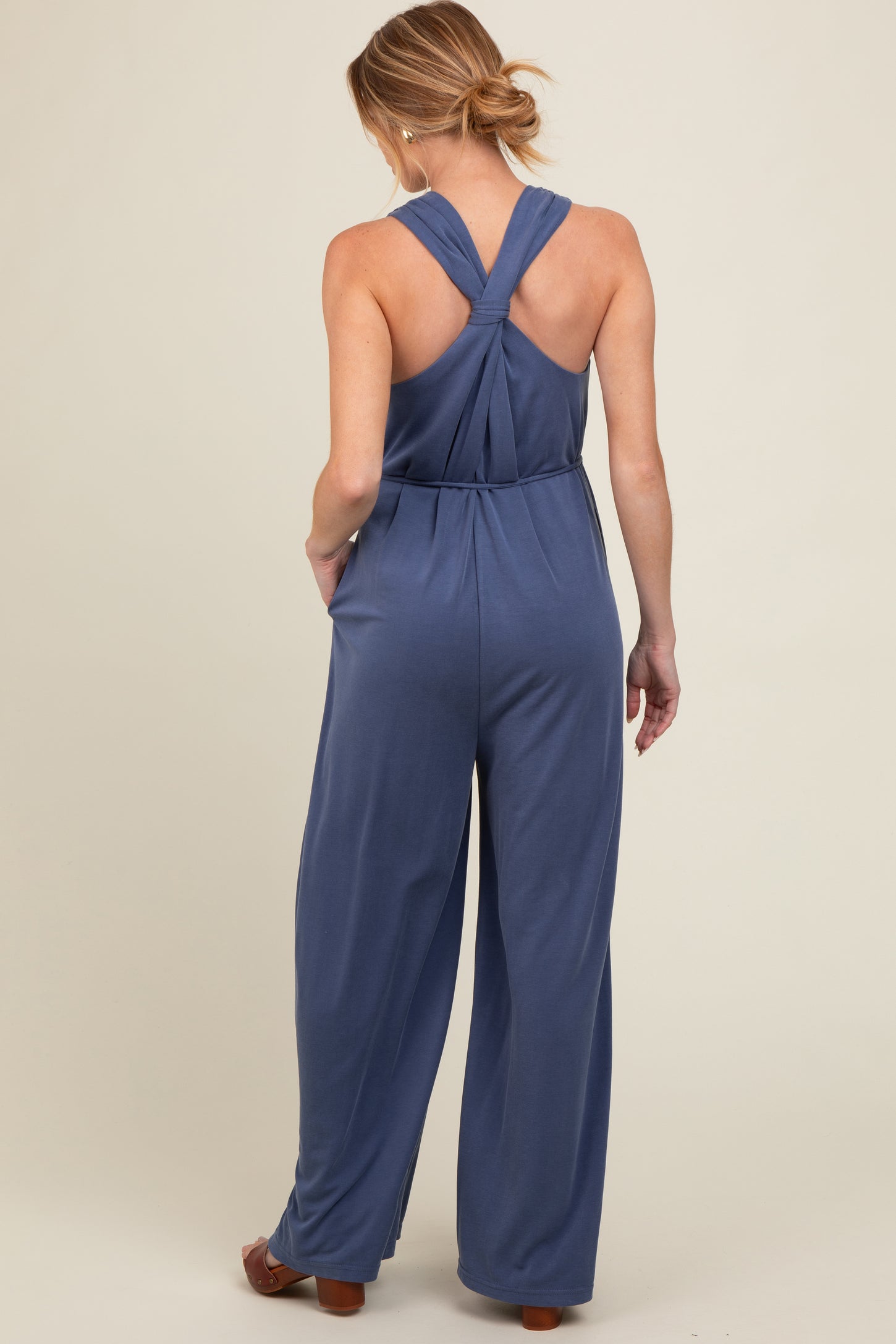 Blue Racerback Wide Leg Maternity Jumpsuit