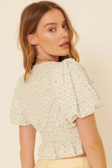 Powder Blue Floral V Neck Puff Sleeve Smocked Cropped Top