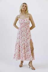 Pink Floral Print Ruffled Midi Dress