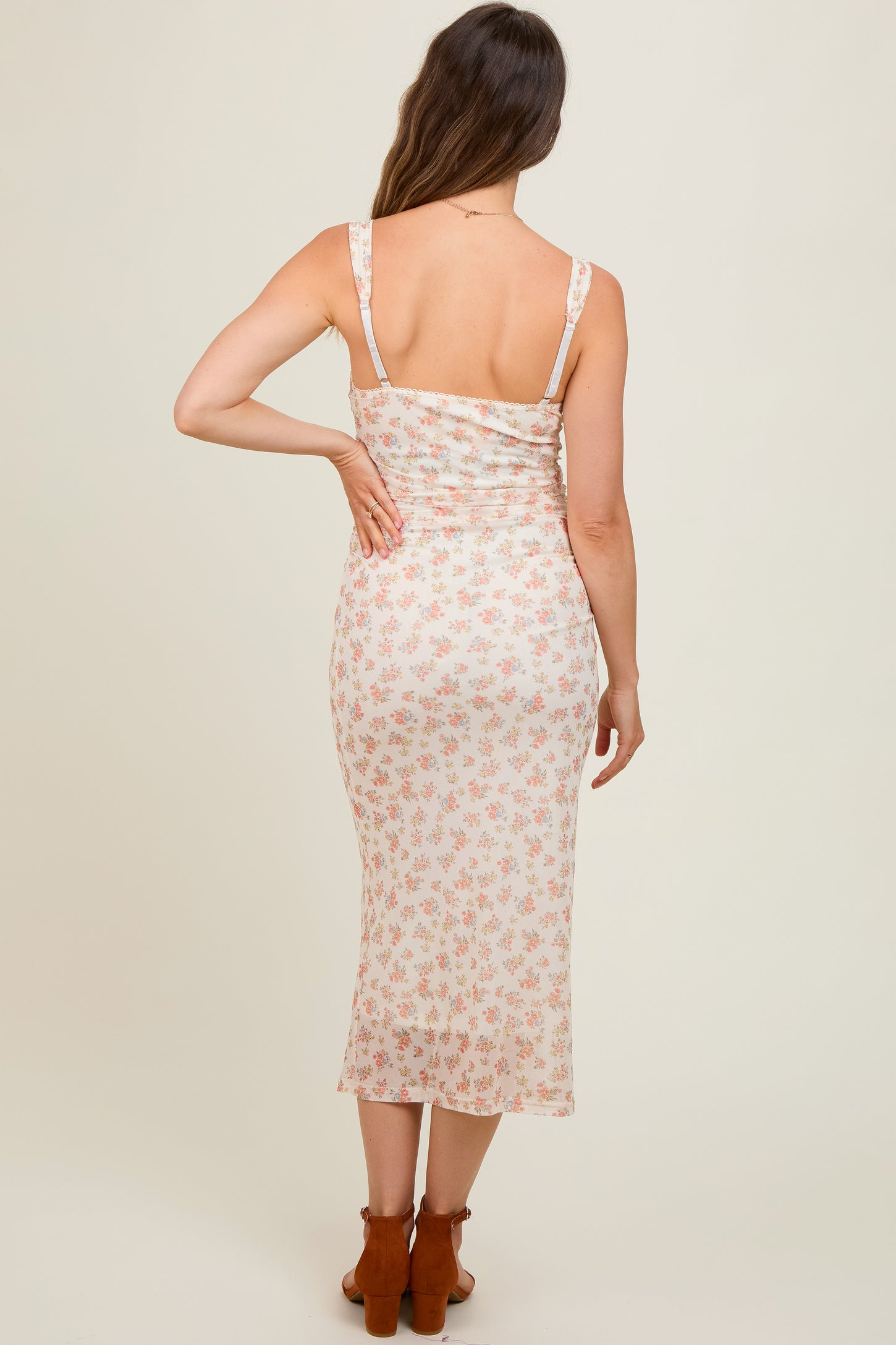 Orange Floral V-Neck Sleeveless Maternity Midi Dress