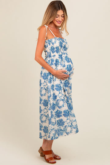 Cream Floral Smocked Maternity Midi Dress