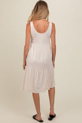 Beige Tiered Sleeveless Maternity Midi Dress