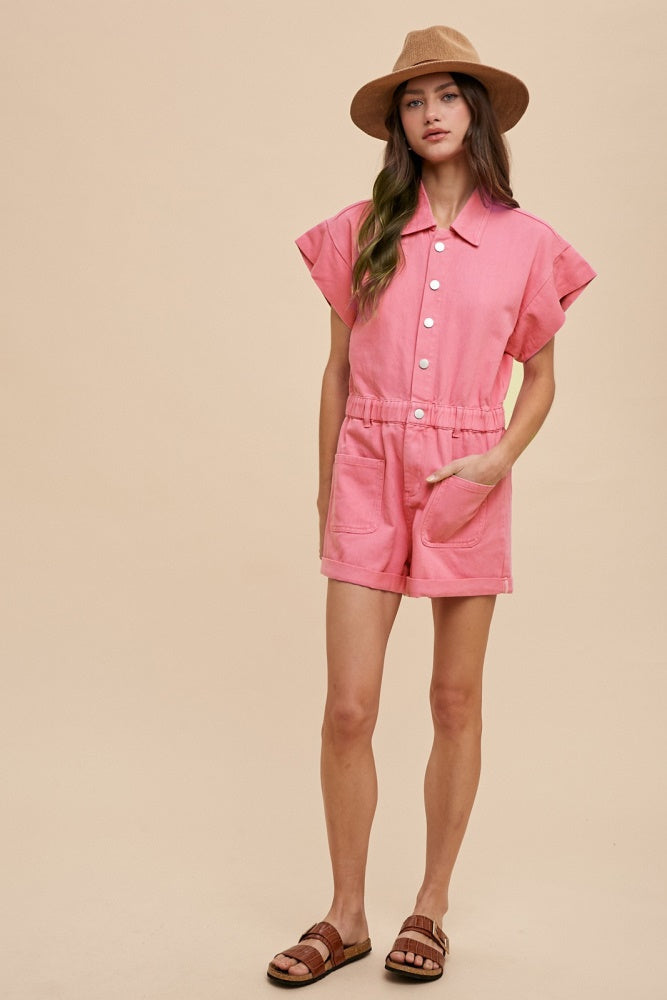 Aurora Pink Mineral Washed Elastic Waistband Pockets Romper