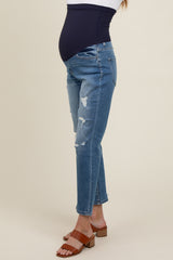 Blue Distressed Open Knee Cropped Straight Leg Maternity Jeans