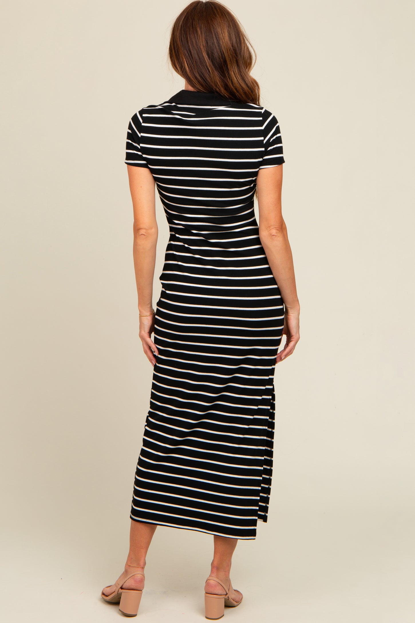 Black Striped Collared Side Slit Maxi Dress