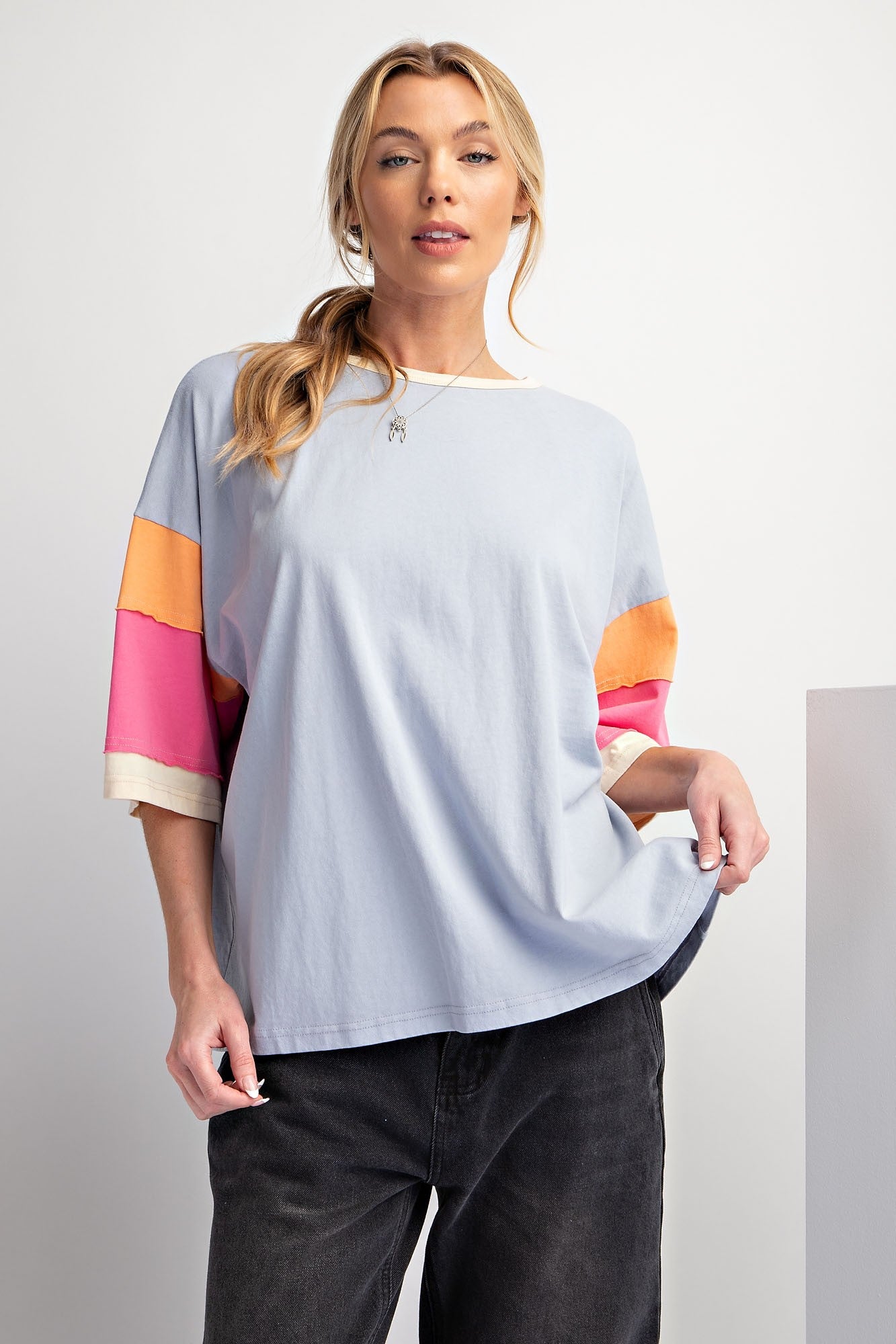 Light Blue Colorblock Detail Short Sleeve Maternity Top