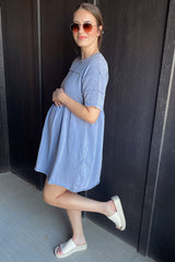Blue Raw Hem Maternity Short Sleeve Dress