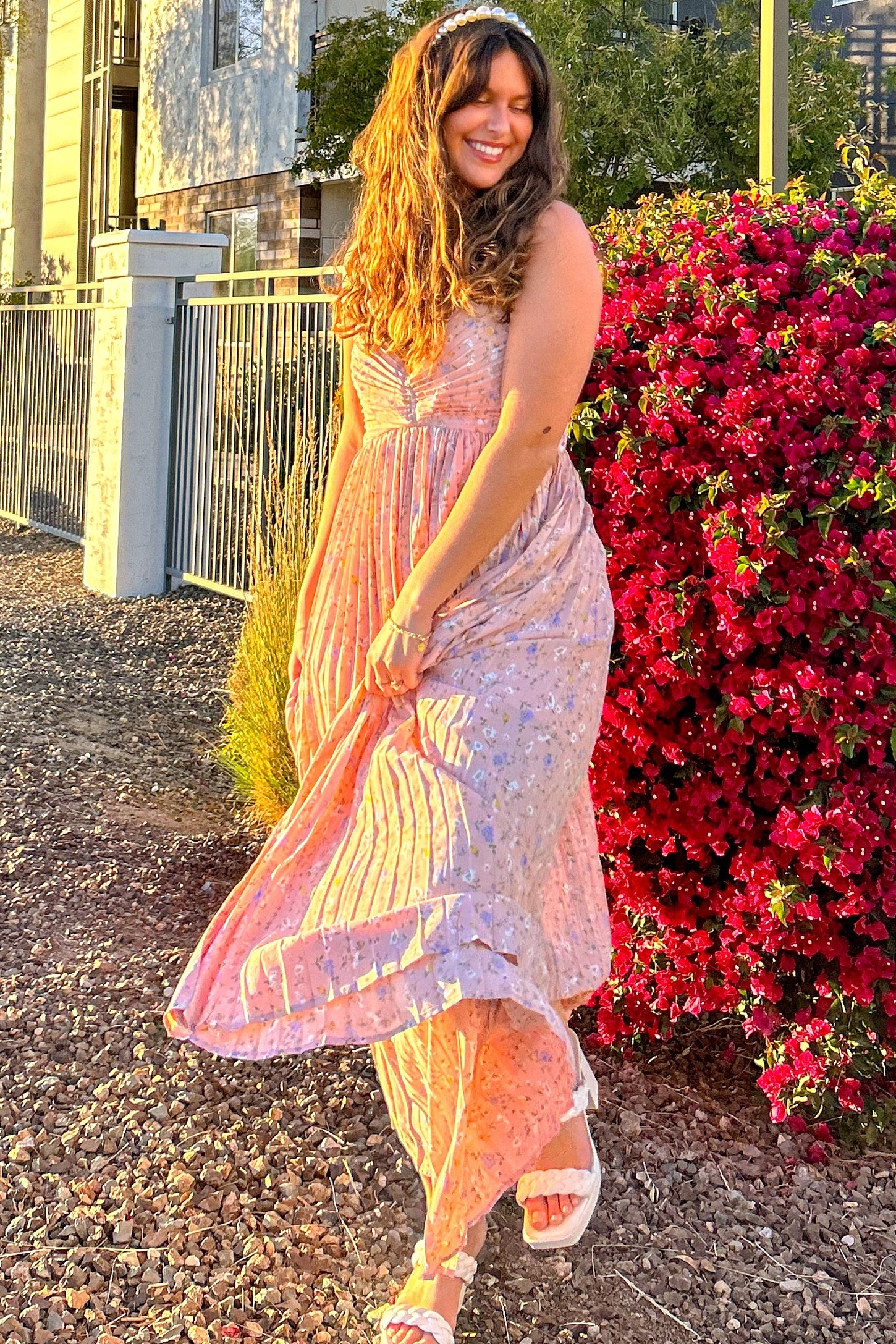 Light Pink Floral Pleated Back Cutout Maxi Dress
