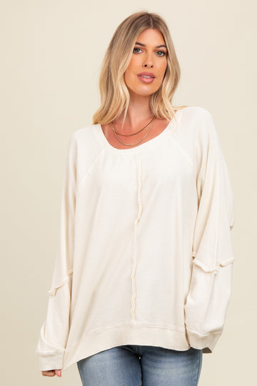 Cream Mixed Knit Raw Hem Pullover Top