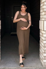 Brown Fringe Hem Maternity Midi Dress