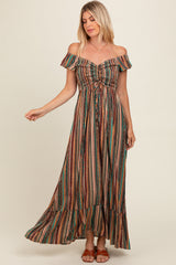 woman wearing a brown striped off-shoulder maxi dress with a cinched waist and ruffle hemline