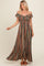 woman wearing a brown striped off-shoulder maxi dress with a cinched waist and ruffle hemline