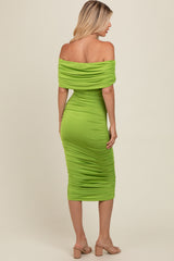 Lime Off Shoulder Ruched Midi Dress