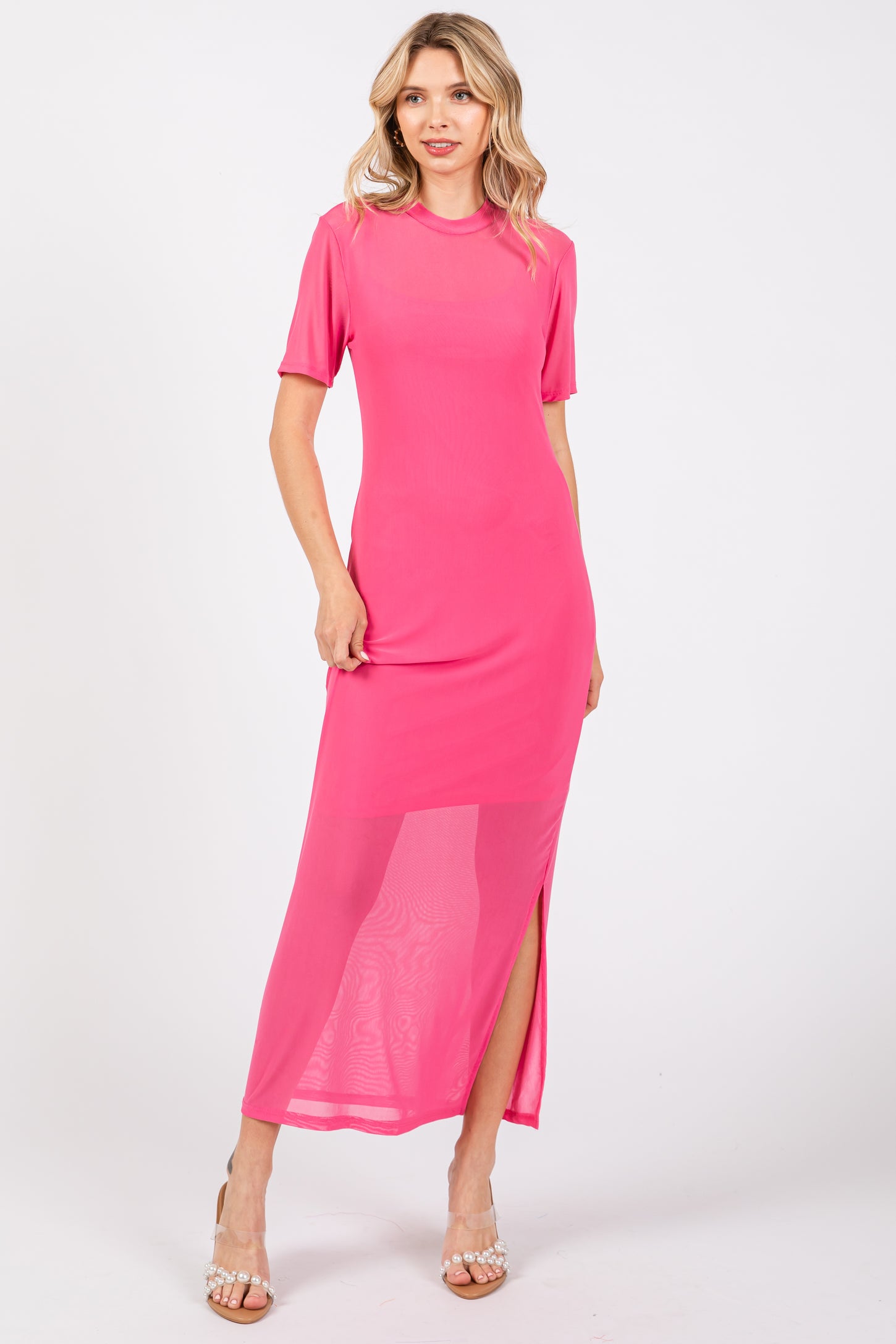 Pink Layered Mesh Maternity Maxi Dress