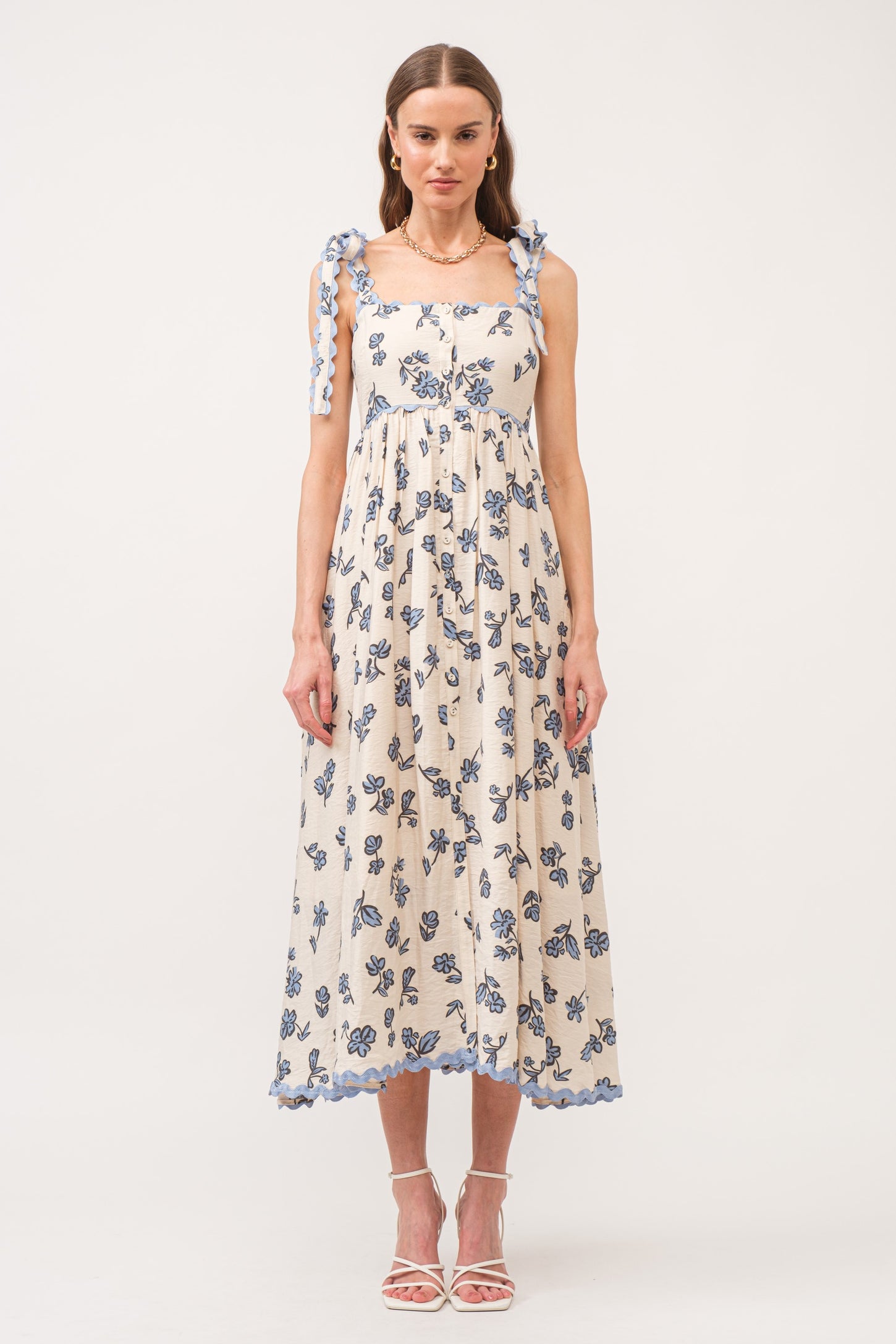 Blue Button Front Midi Dress