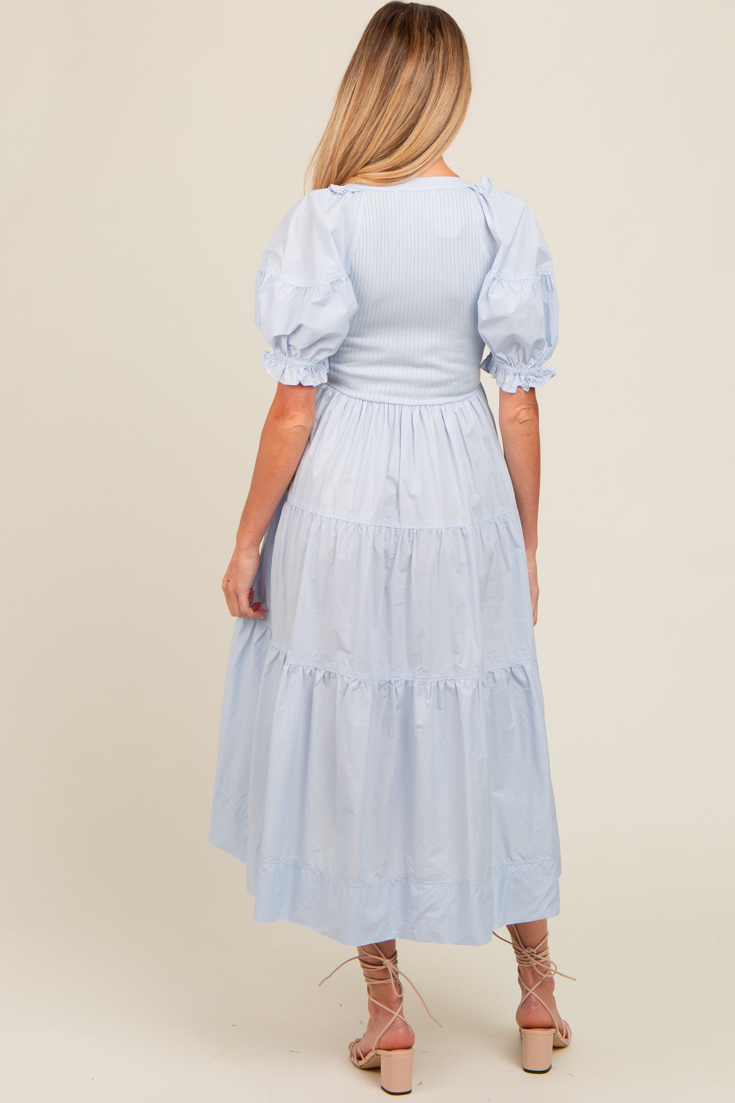 Light Blue Contrast Top Tiered Maternity Midi Dress