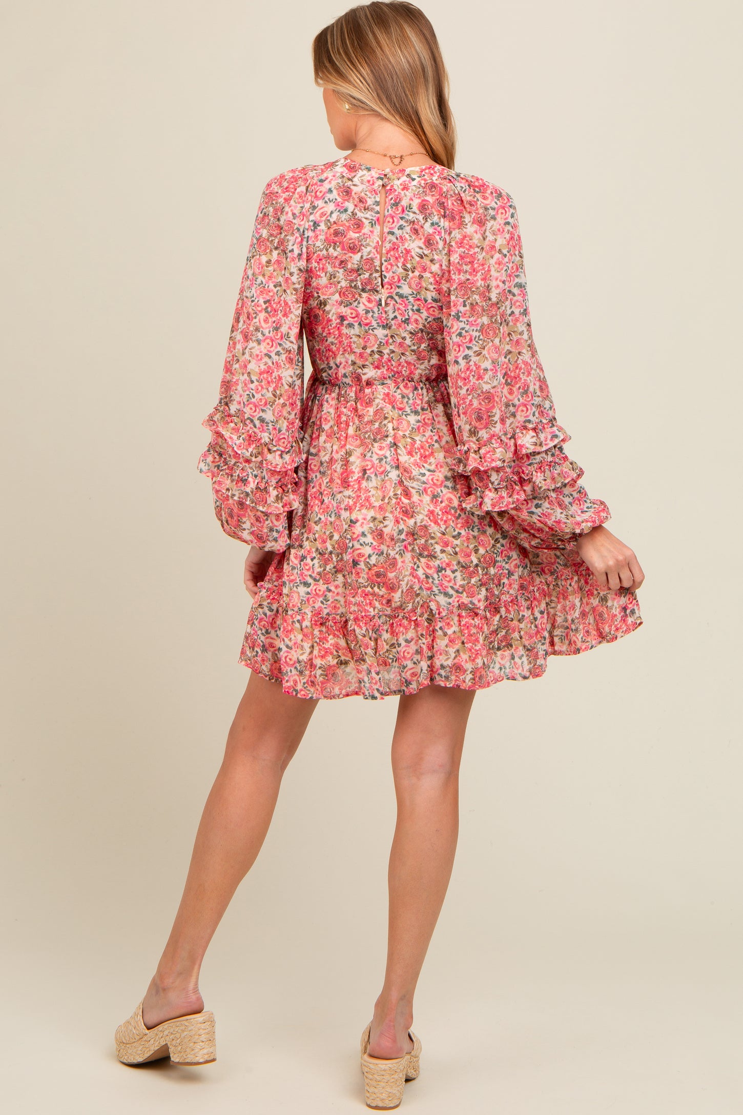Pink Floral Ruffle Accent Maternity Dress