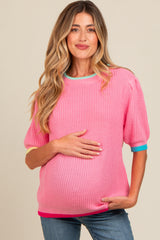 Pink Contrast Band Maternity Sweater