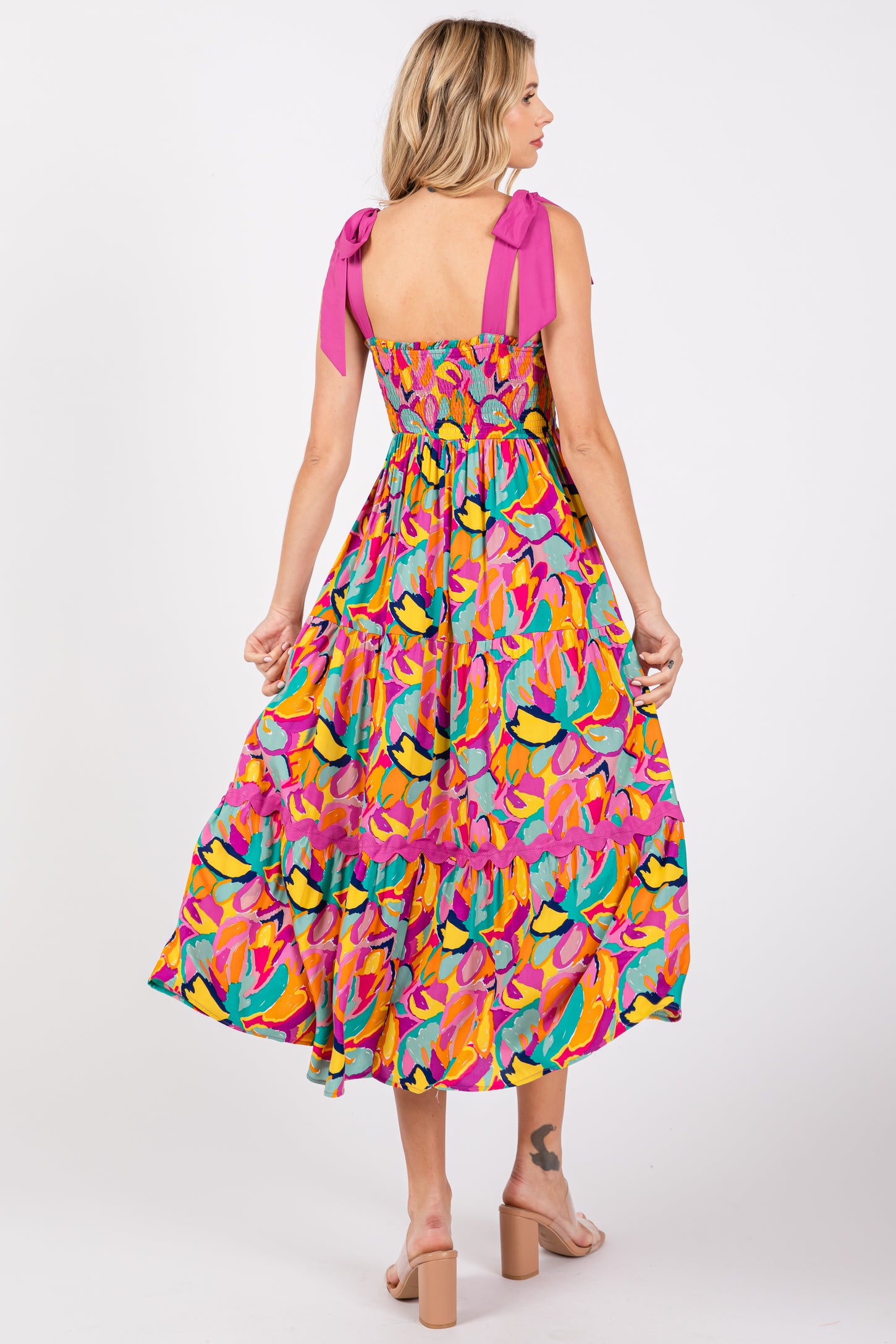 Pink Green Printed Midi Dress