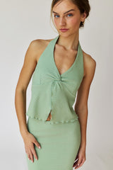Sage Textured Knit Halter Top And Midi Skirt Set