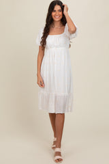 White Heart Embroidered Short Puff Sleeve Midi Dress