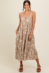Camel Floral Tiered Maternity Midi Dress