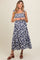 Navy Printed Smocked Shoulder Tie Maternity Midi Dress