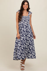 Navy Printed Smocked Shoulder Tie Maternity Midi Dress