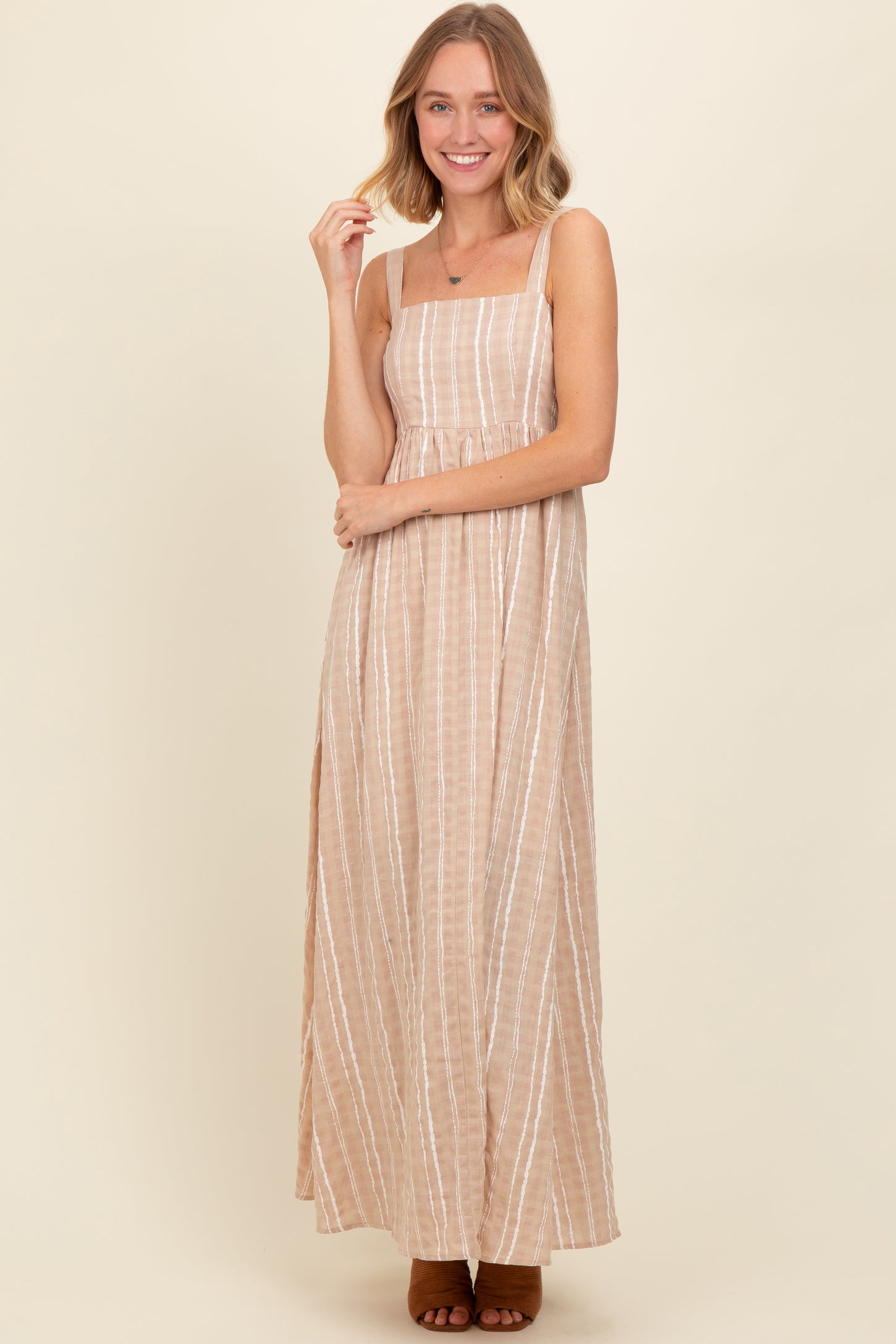 Beige Striped Back Cut Out Maxi Dress