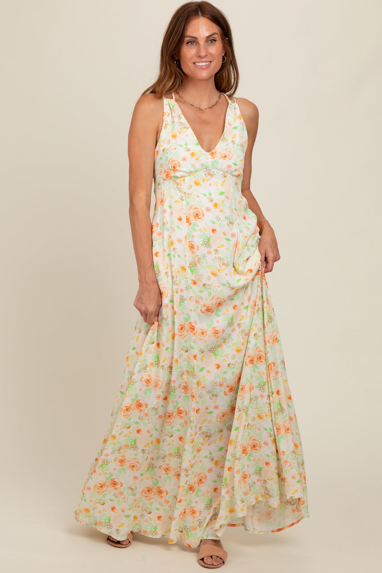 Peach Floral Crisscross Back Maxi Dress