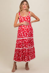 Red Floral Lace Trim Tiered Maternity Maxi Dress