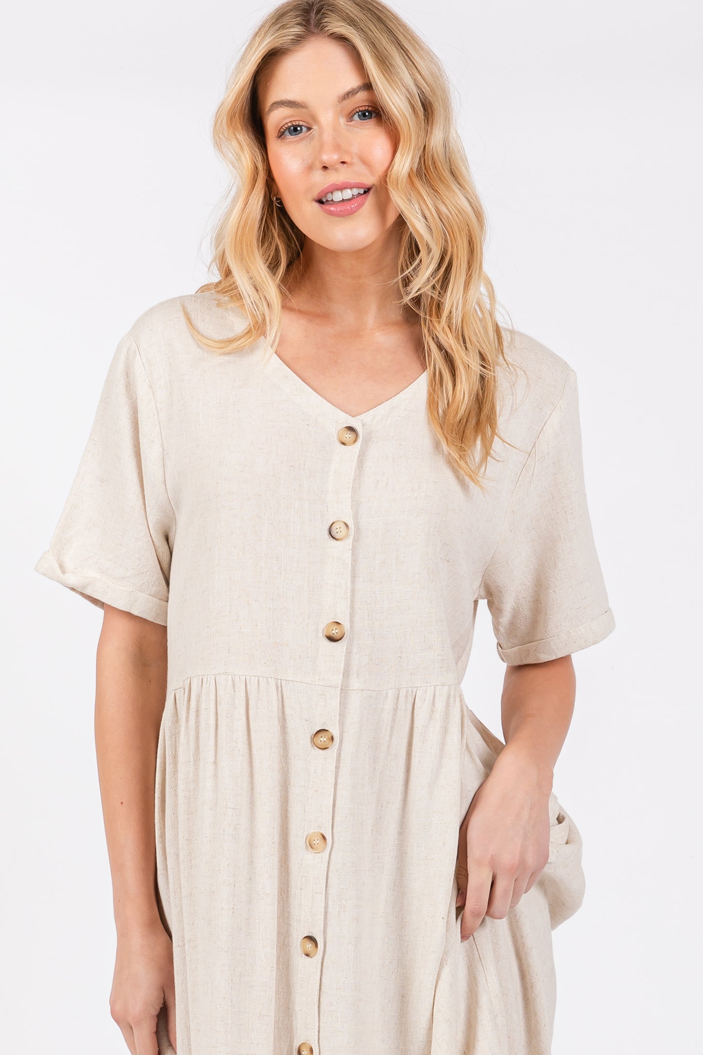 Beige Button Down Midi Dress