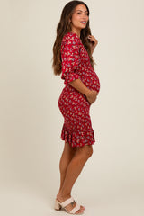 Red Floral Smocked Fitted Maternity Dress
