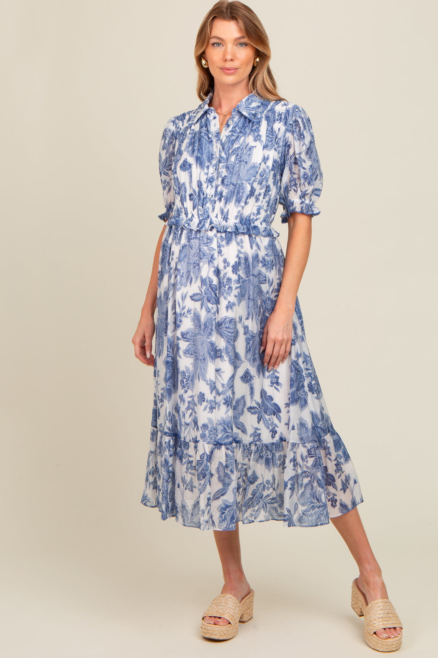Blue Floral Ruffle Accent Button Up Maternity Midi Dress