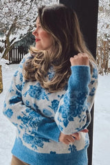 Blue Floral Crew Neck Sweater