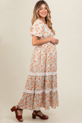 Taupe Floral Lace Trim Maternity Maxi Dress