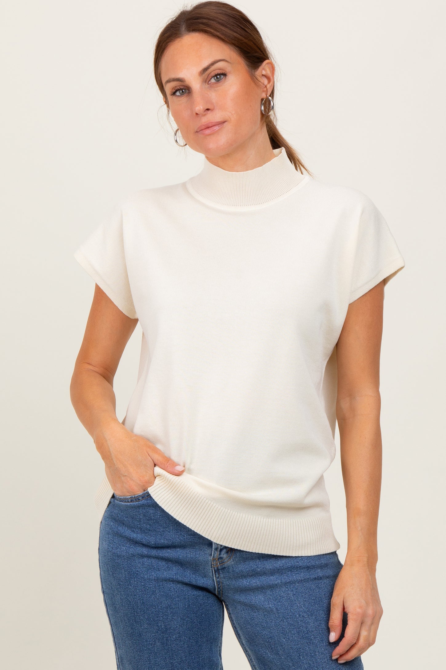 Cream Mock Neck Knit Top
