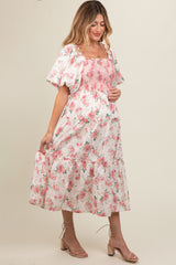 Pink Floral Smocked Puff Sleeve Maternity Midi Dress