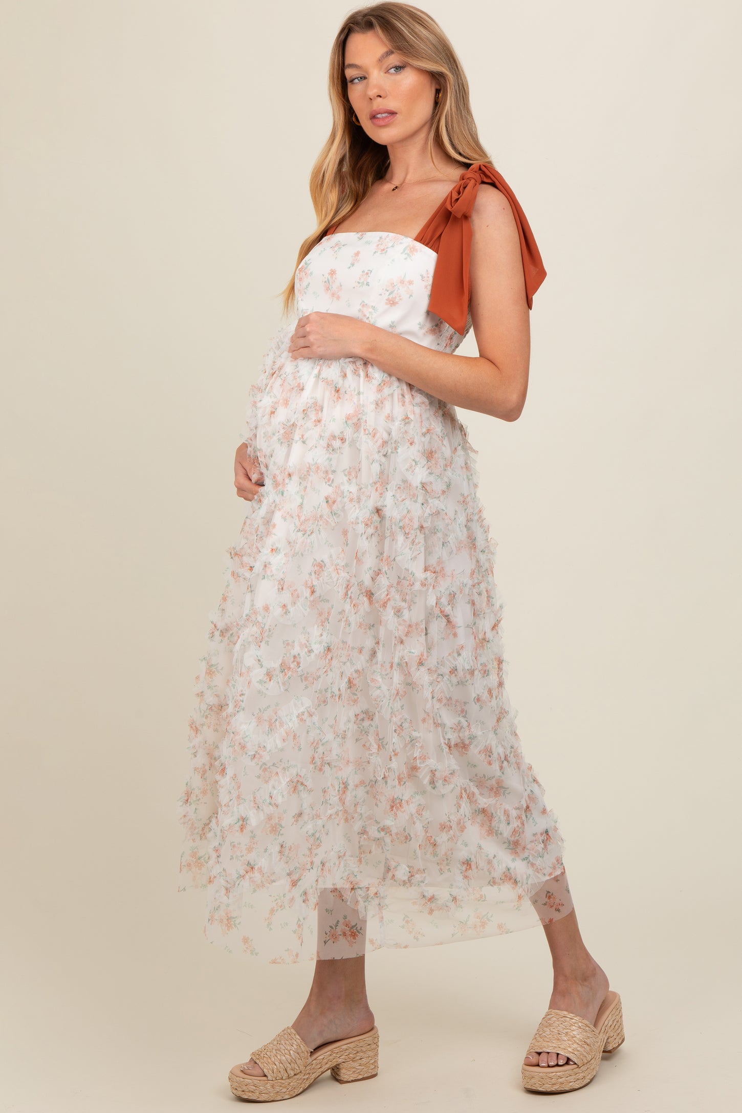 Peach Floral Ruffle Tiered Maternity Maxi Dress