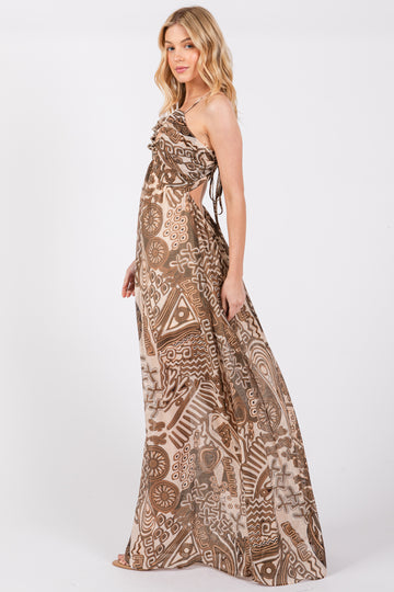 Brown Printed Halter Cutout Maxi Dress