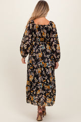 Black Floral V-Neck Long Sleeve Maternity Midi Dress