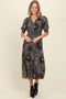 Black Paisley Button Front V-Neck Tiered Midi Dress