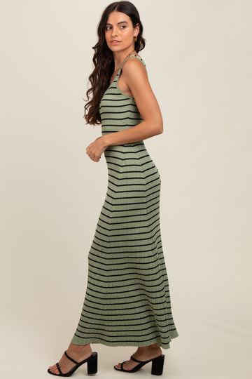 Light Olive Striped Sleeveless Maxi Dress