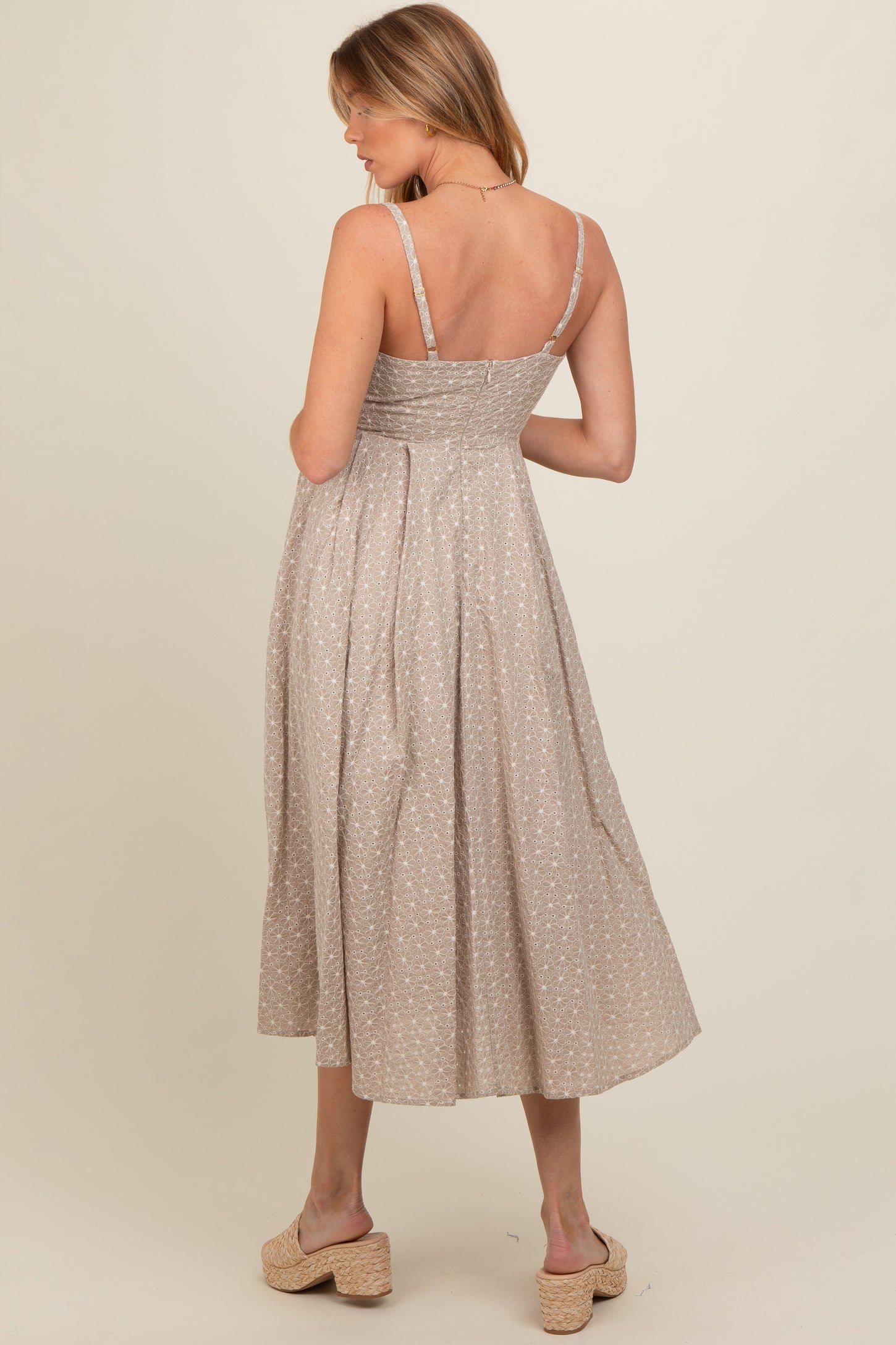 Beige Floral Embroidered Maternity Maxi Dress