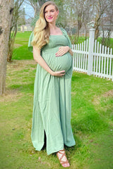 Light Olive Chambray Smocked Maternity Maxi Dress